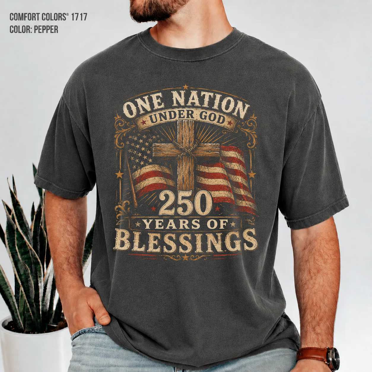 Cross and Flag Shirt One Nation Under God 250 Years of Blessings Rustic Christian Patriotic T-Shirt