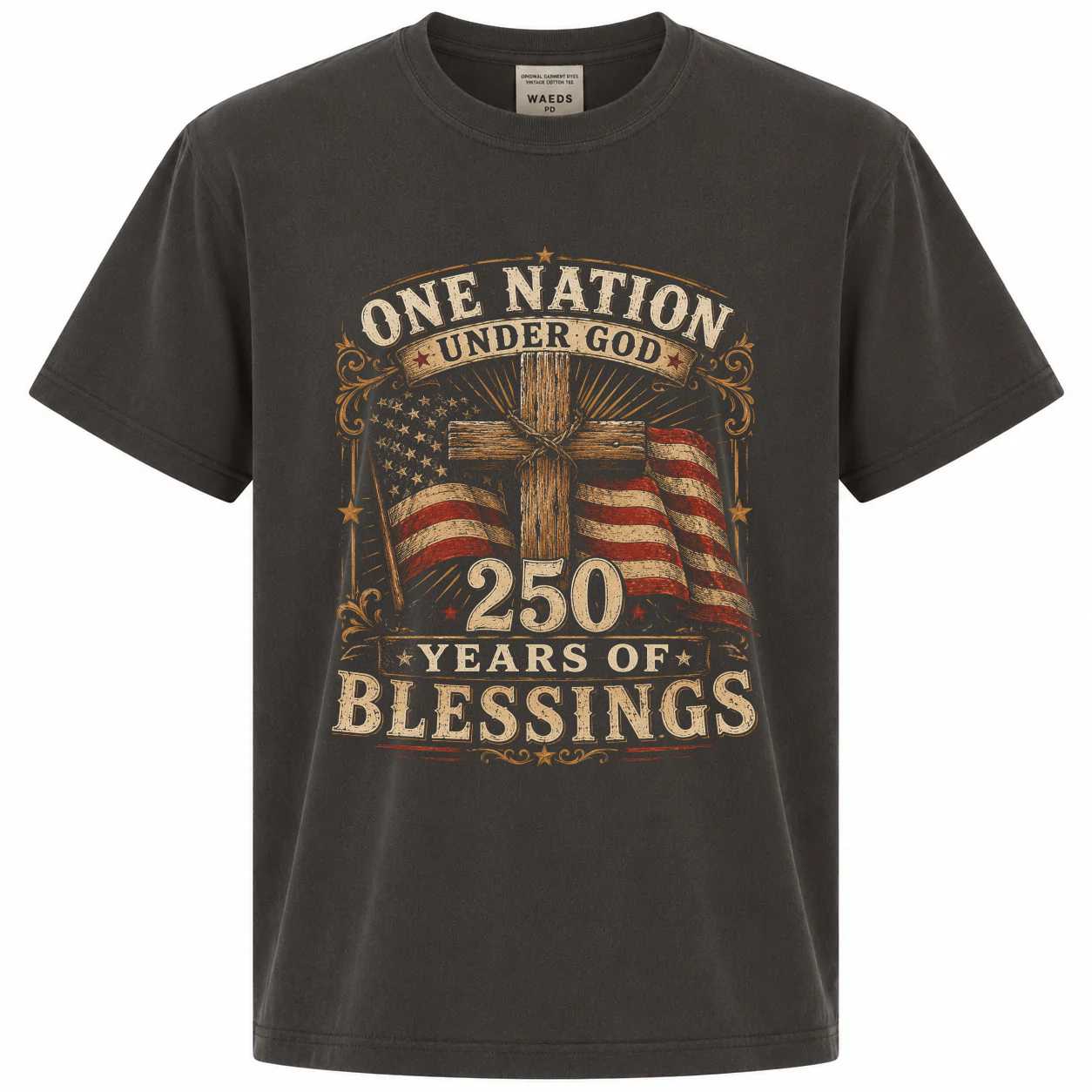 Cross and Flag Shirt One Nation Under God 250 Years of Blessings Rustic Christian Patriotic T-Shirt