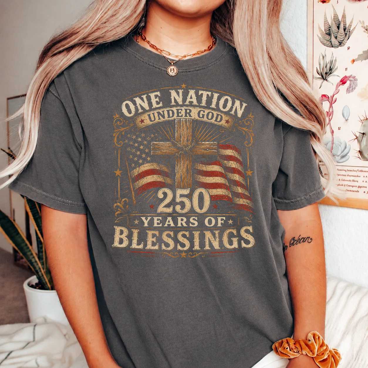 Cross and Flag Shirt One Nation Under God 250 Years of Blessings Rustic Christian Patriotic T-Shirt