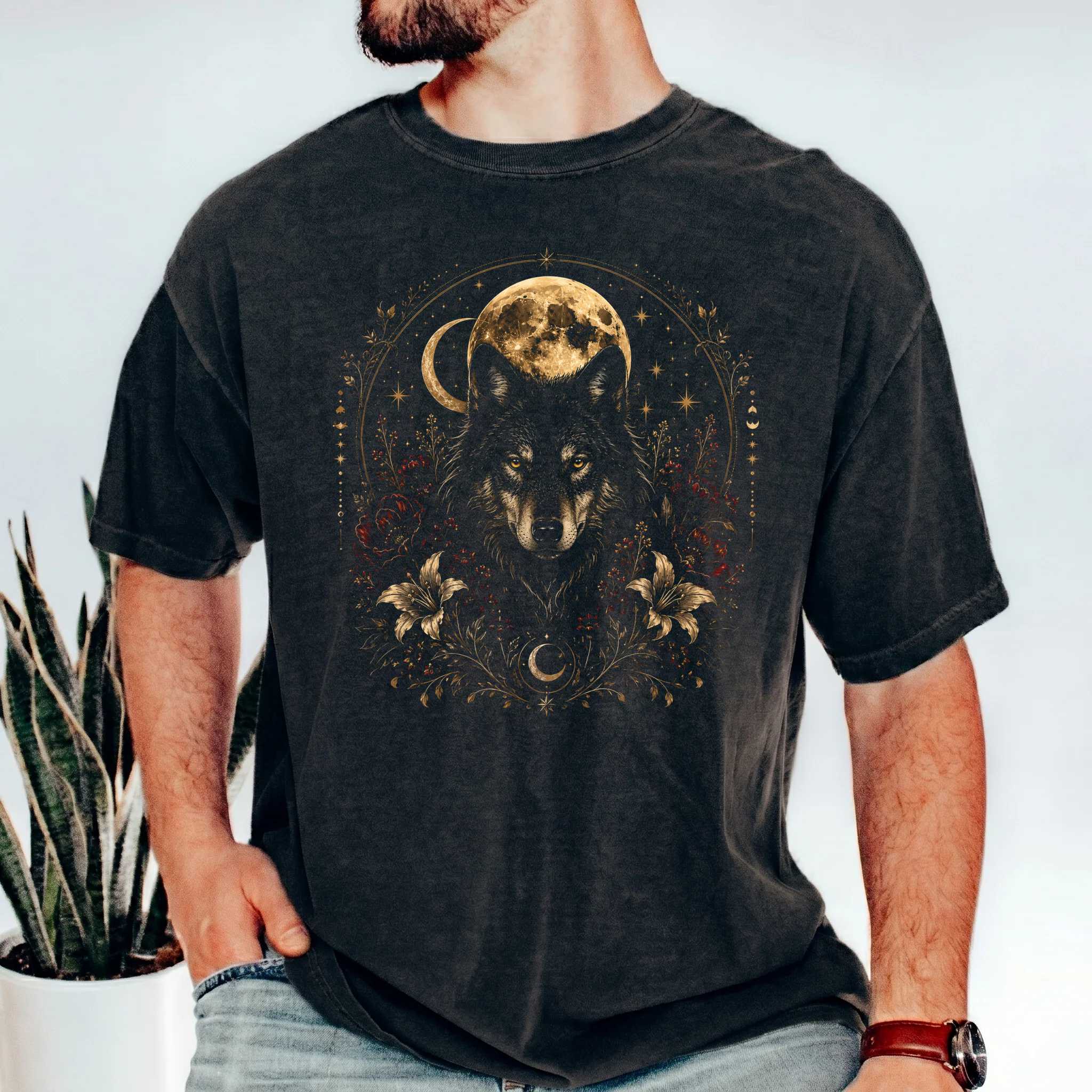 Dark Gothic Wolf Moon Graphic T-Shirt for Women, Mystical Floral Night Nature Tee