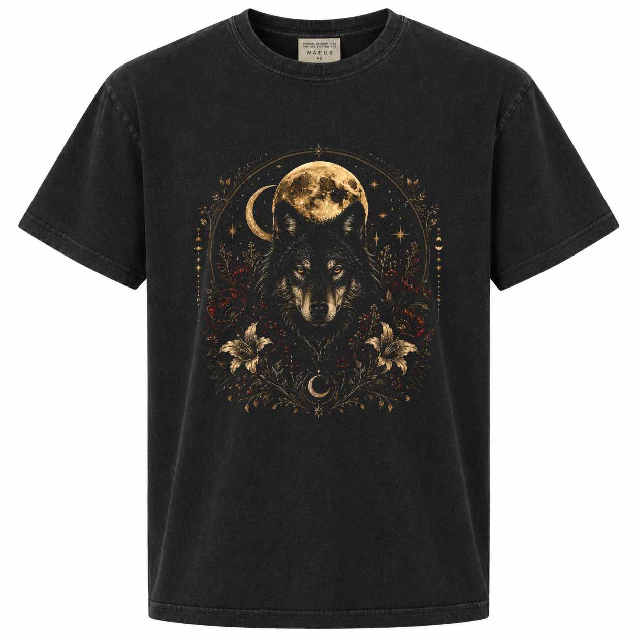 Dark Gothic Wolf Moon Graphic T-Shirt for Women, Mystical Floral Night Nature Tee