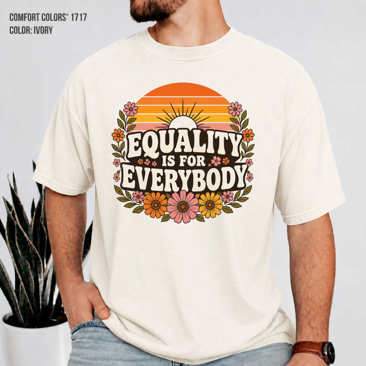 Equality Graphic T-Shirt Retro Sunset Floral Human Rights Message Tee for Everyday Positive Expression