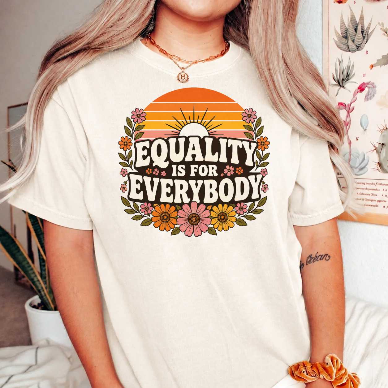 Equality Graphic T-Shirt Retro Sunset Floral Human Rights Message Tee for Everyday Positive Expression