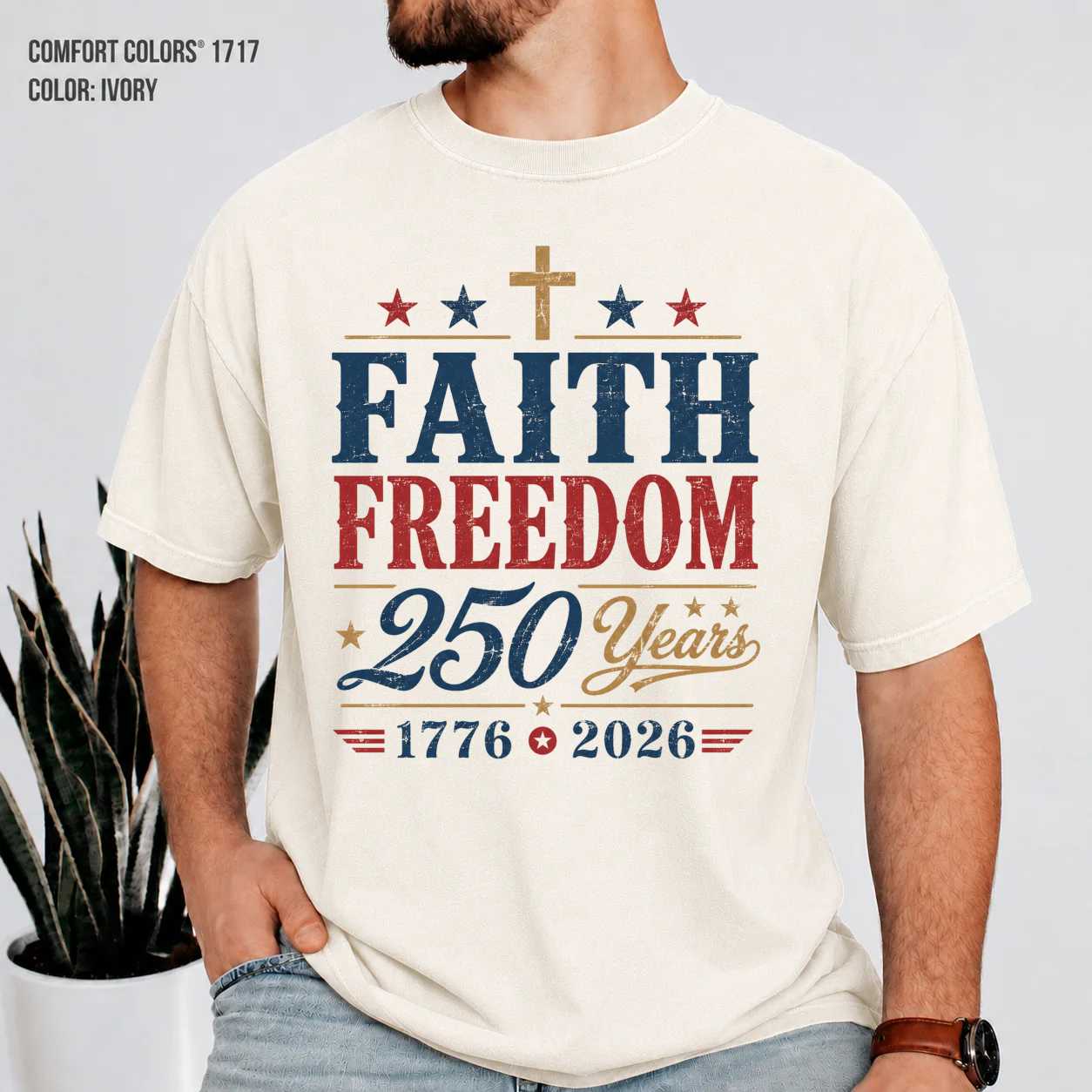 Faith Freedom 250 Years Christian Patriotic T-Shirt Minimal Typography America 1776 2026 Graphic Tee