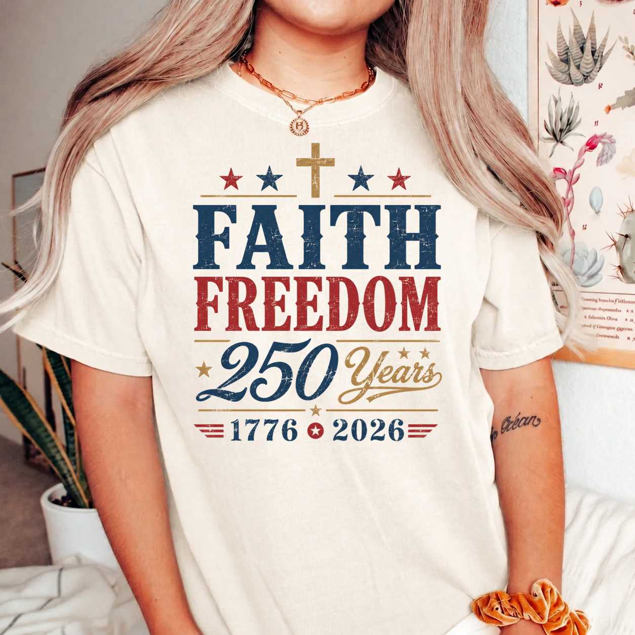 Faith Freedom 250 Years Christian Patriotic T-Shirt Minimal Typography America 1776 2026 Graphic Tee