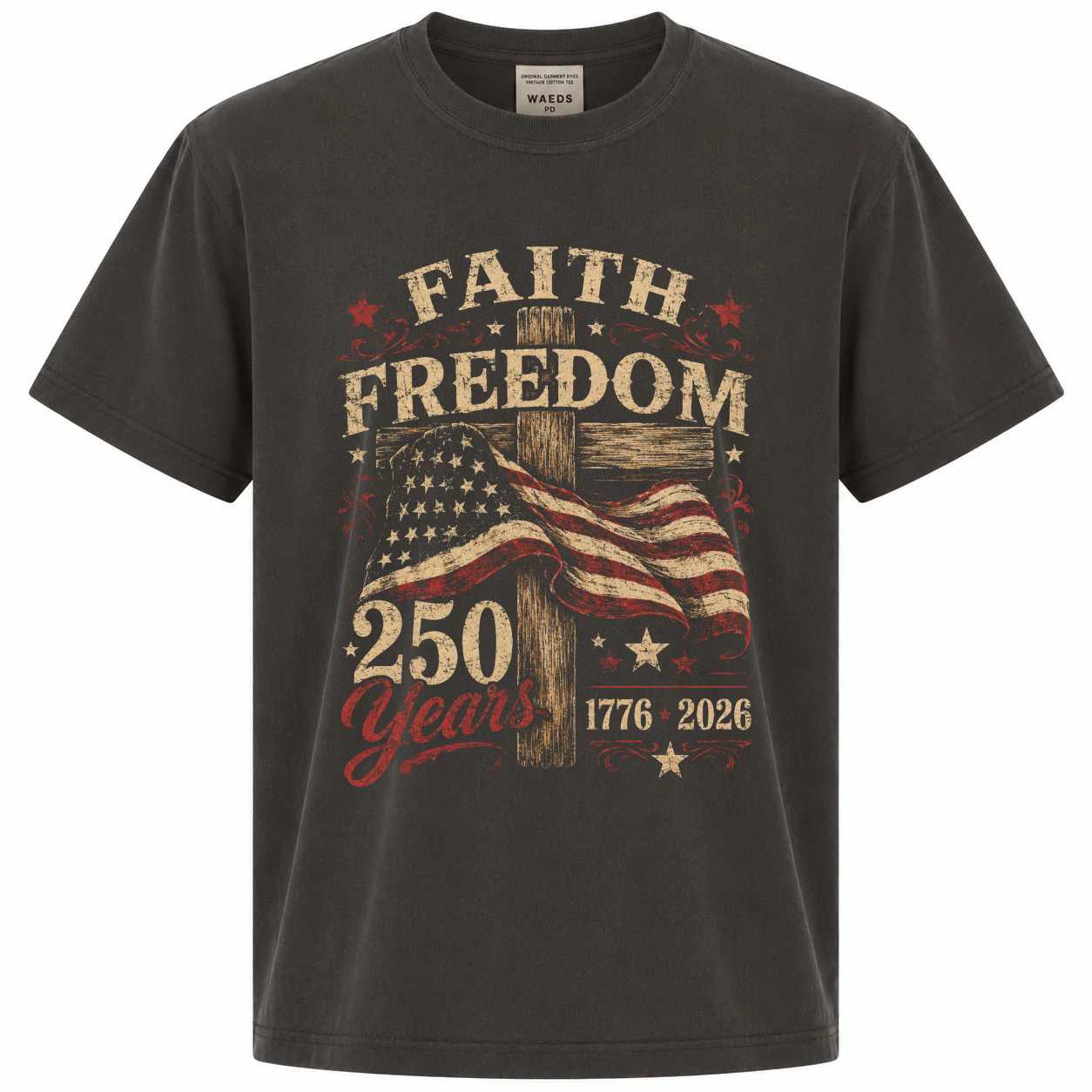 Faith Freedom Christian Cross T-Shirt Vintage Patriotic America 250 Years 1776 2026 Independence Celebration Graphic Tee