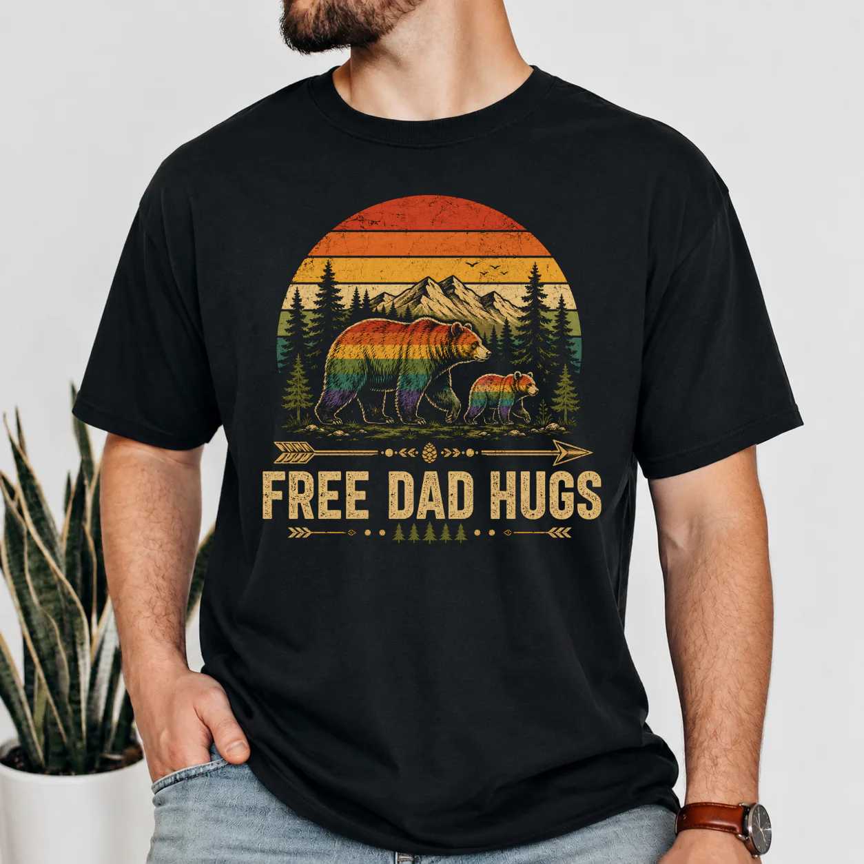 Free Dad Hugs LGBT Pride Bear Retro T-Shirt for Supportive Dads and Allies Vintage Rainbow Graphic Tee