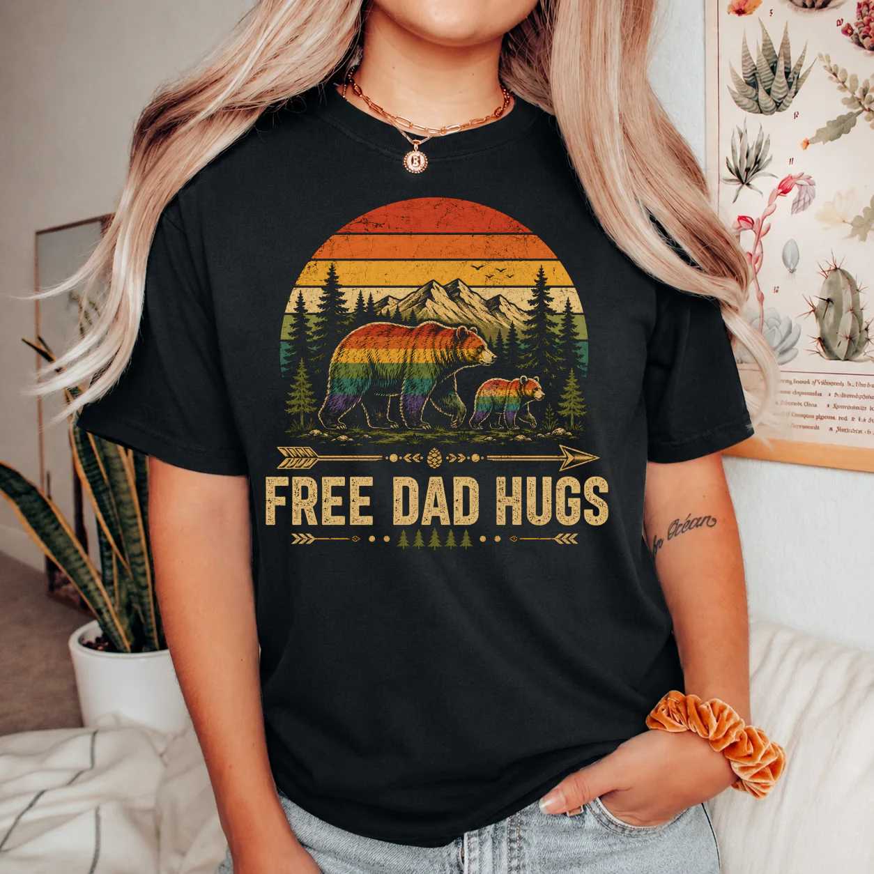 Free Dad Hugs LGBT Pride Bear Retro T-Shirt for Supportive Dads and Allies Vintage Rainbow Graphic Tee