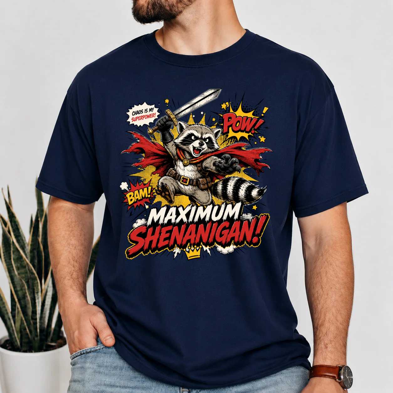 Maximum Shenanigan Raccoon T-Shirt for Adults Funny Chaos Superhero Graphic Tee