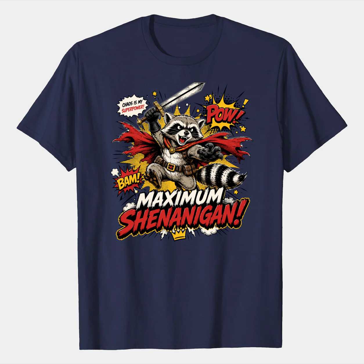 Maximum Shenanigan Raccoon T-Shirt for Adults Funny Chaos Superhero Graphic Tee