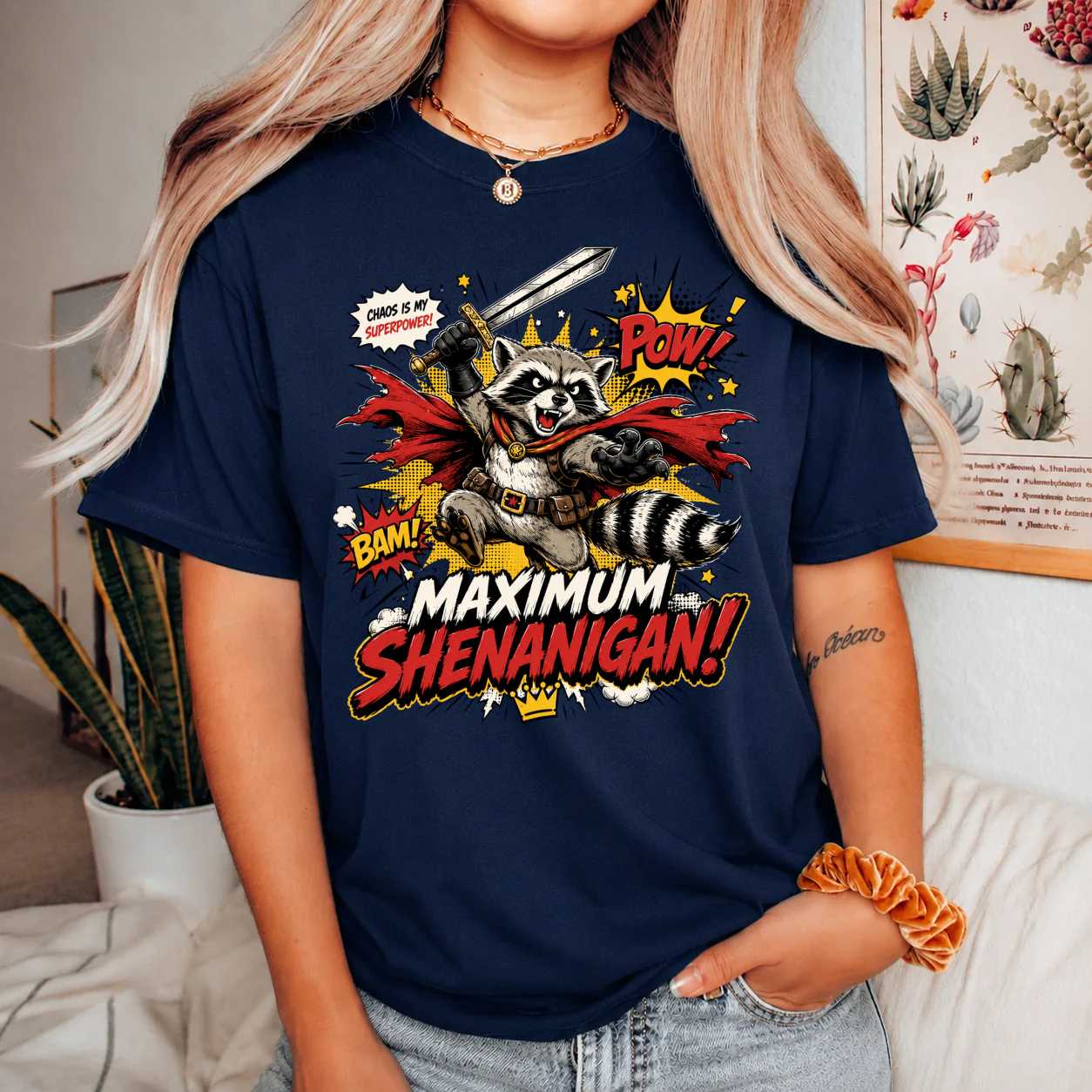 Maximum Shenanigan Raccoon T-Shirt for Adults Funny Chaos Superhero Graphic Tee
