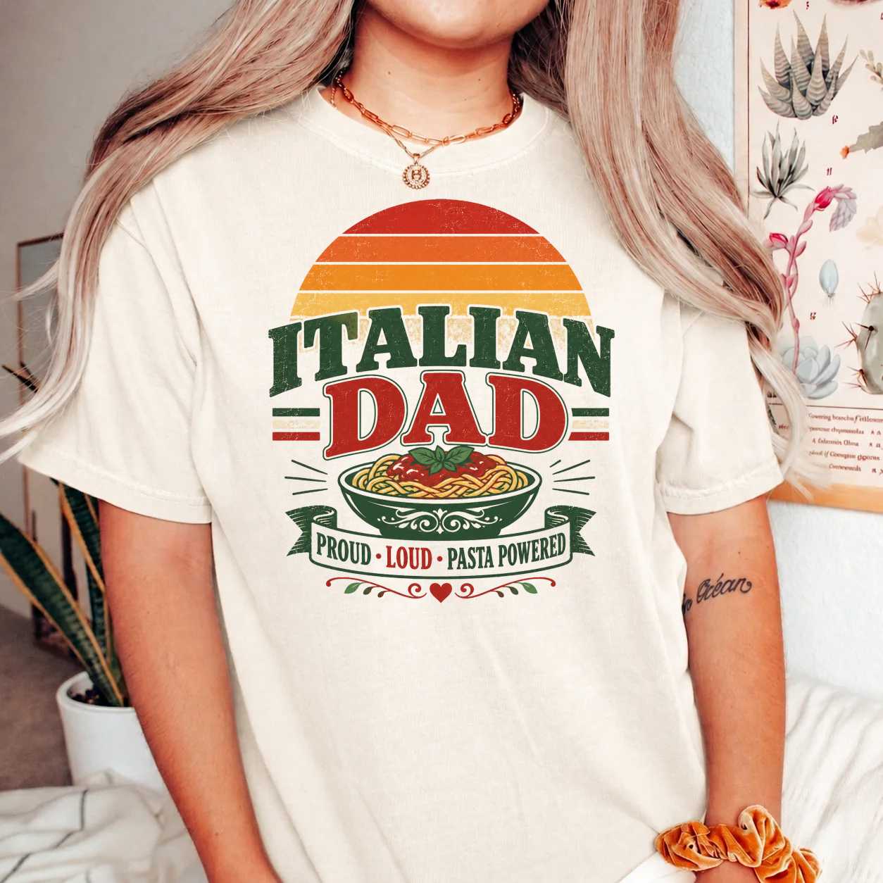 Funny Italian Dad Retro Sunset Shirt Pasta Lover Father Gift Graphic Tee for Family Celebrations