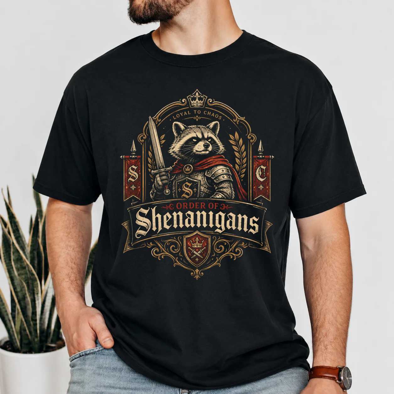 Order of Shenanigans Raccoon Knight T-Shirt for Adults Funny Medieval Chaos Graphic Tee