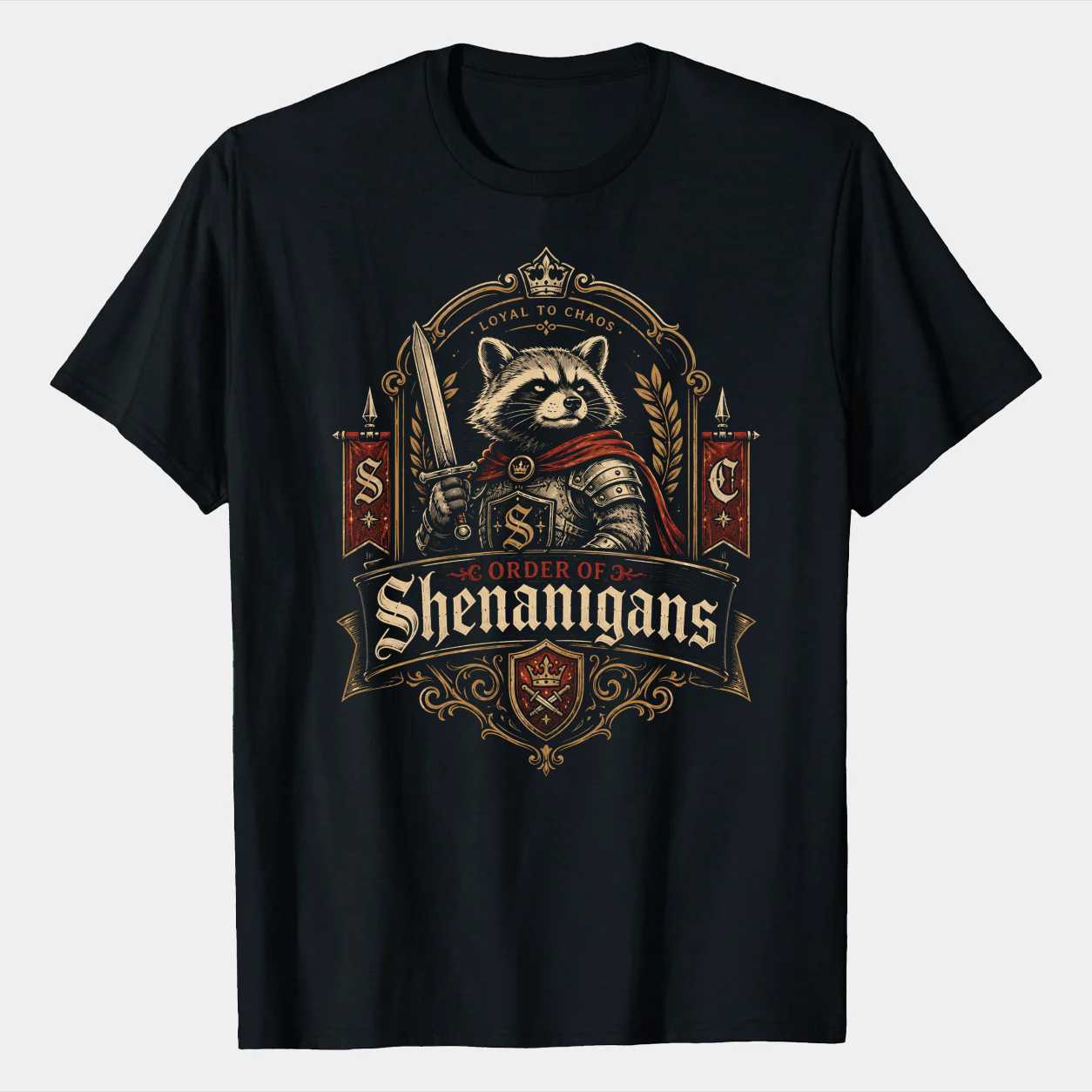 Order of Shenanigans Raccoon Knight T-Shirt for Adults Funny Medieval Chaos Graphic Tee