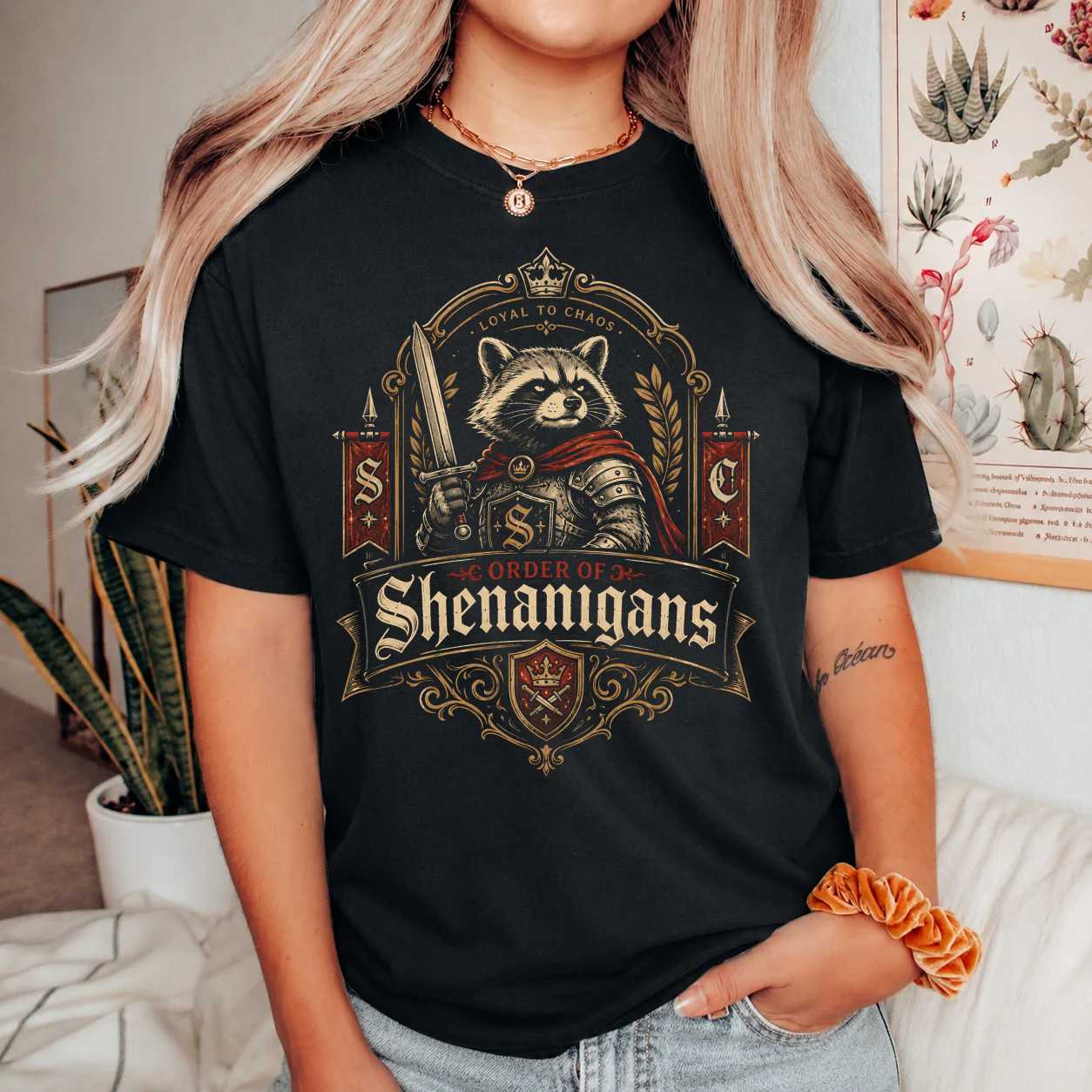 Order of Shenanigans Raccoon Knight T-Shirt for Adults Funny Medieval Chaos Graphic Tee