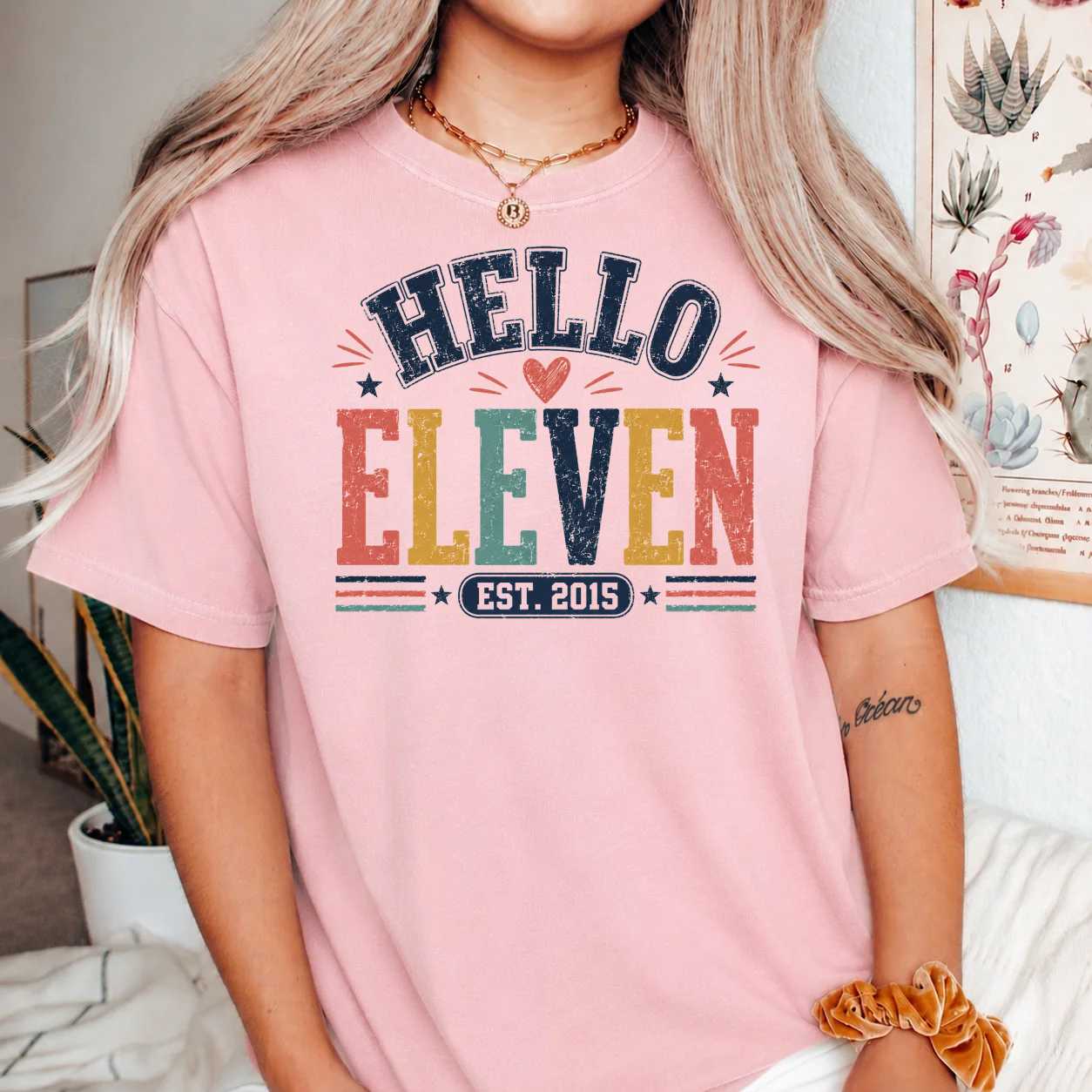 Hello Eleven Retro Birthday Shirt for Girls Est 2015 Groovy 11th Birthday Party Tee