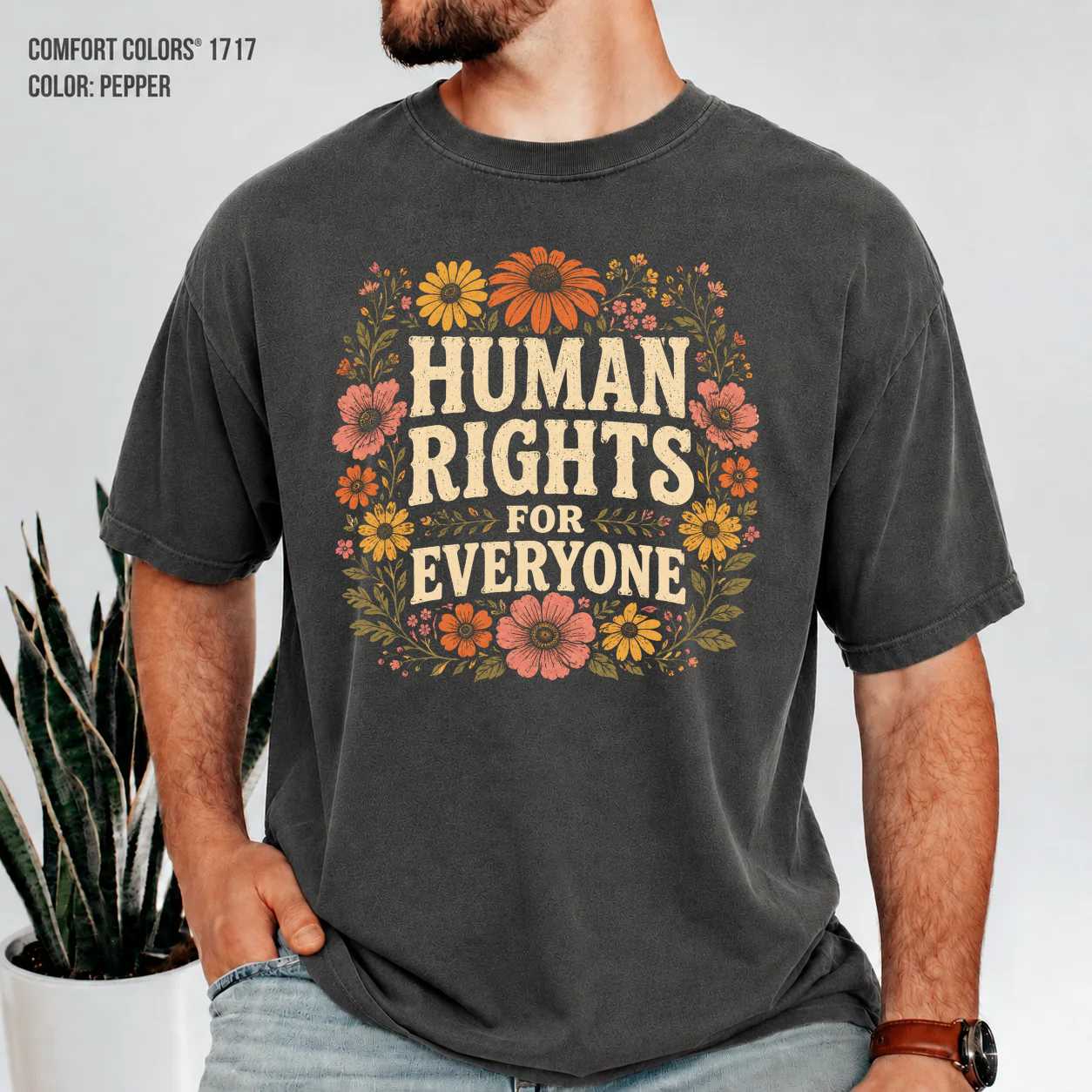 Human Rights Wildflower Graphic T-Shirt Retro Vintage Equality Support Statement Tee for Women and Men