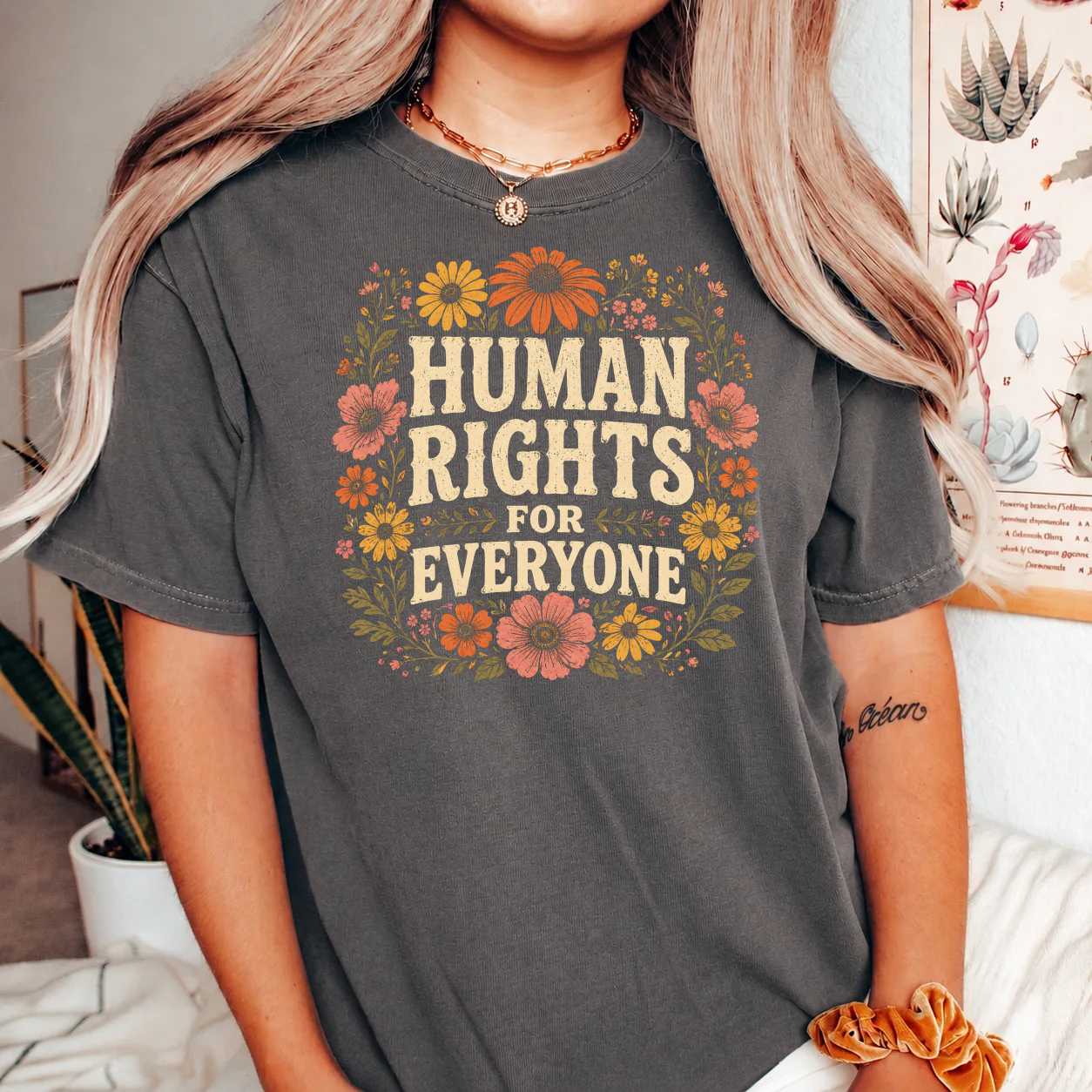 Human Rights Wildflower Graphic T-Shirt Retro Vintage Equality Support Statement Tee for Women and Men