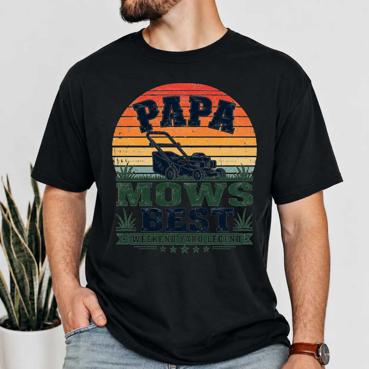Minimal Papa Mows Best Shirt for Men, Funny Lawn Care Dad Graphic Tee for Father's Day