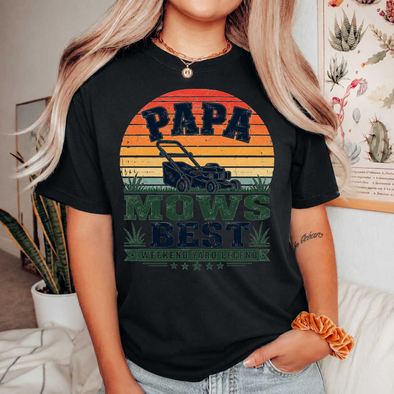 Minimal Papa Mows Best Shirt for Men, Funny Lawn Care Dad Graphic Tee for Father's Day
