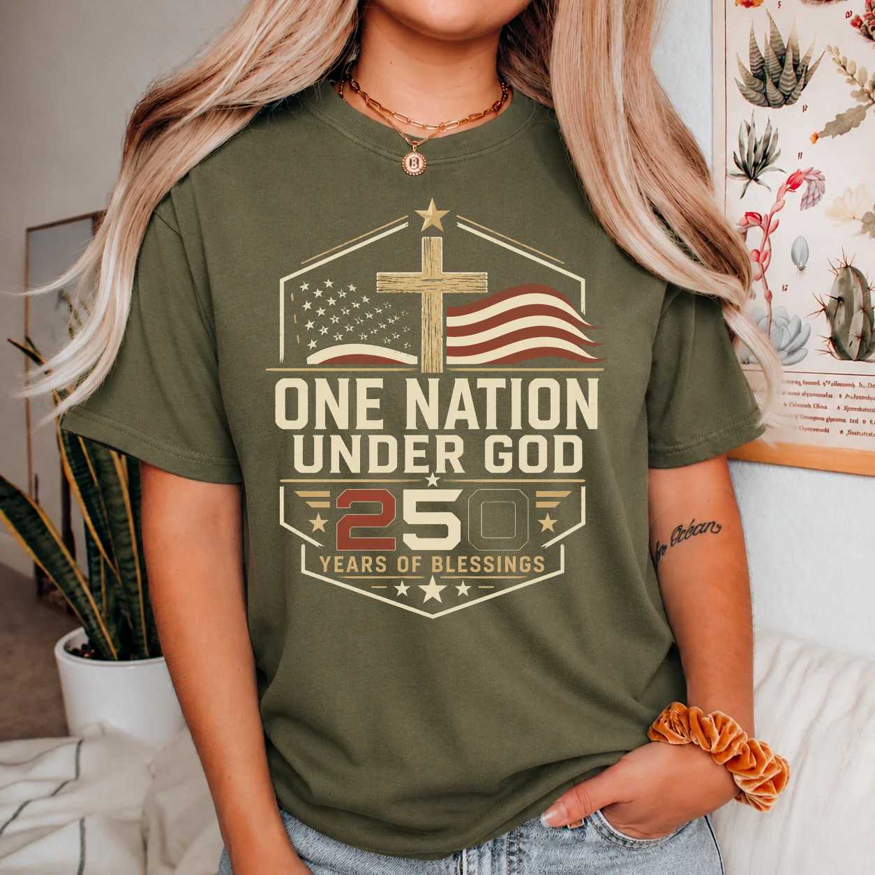 One Nation Under God Shirt 250 Years of Blessings Modern Christian Patriotic Graphic T-Shirt