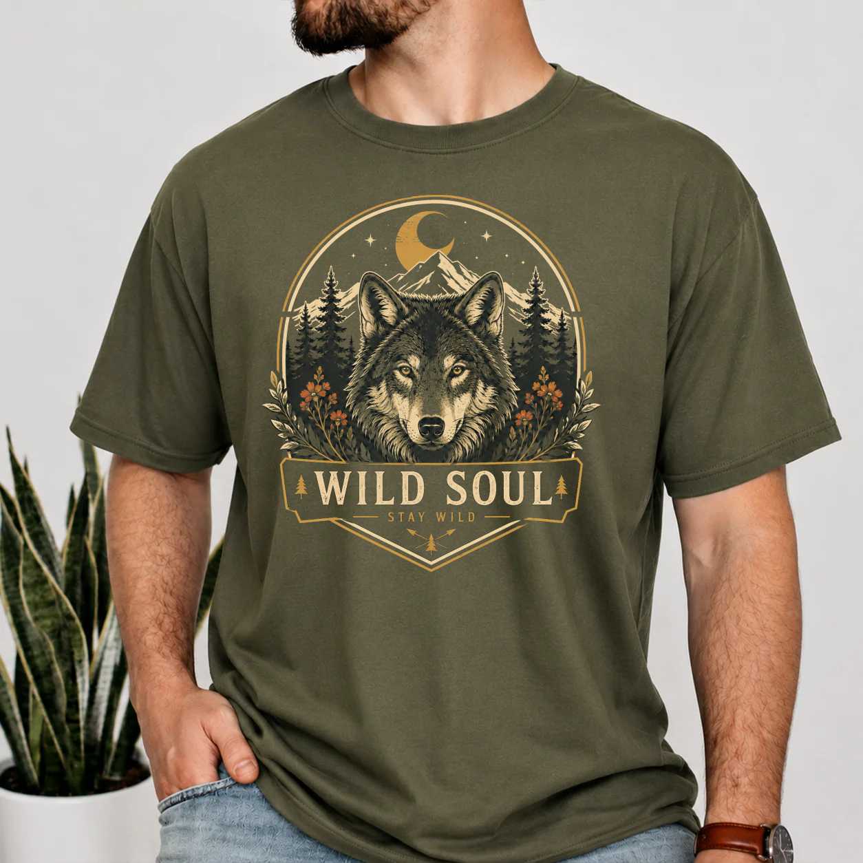 Outdoor Adventure Wolf Graphic T-Shirt for Women, Nature Explorer Wildlife Badge Tee
