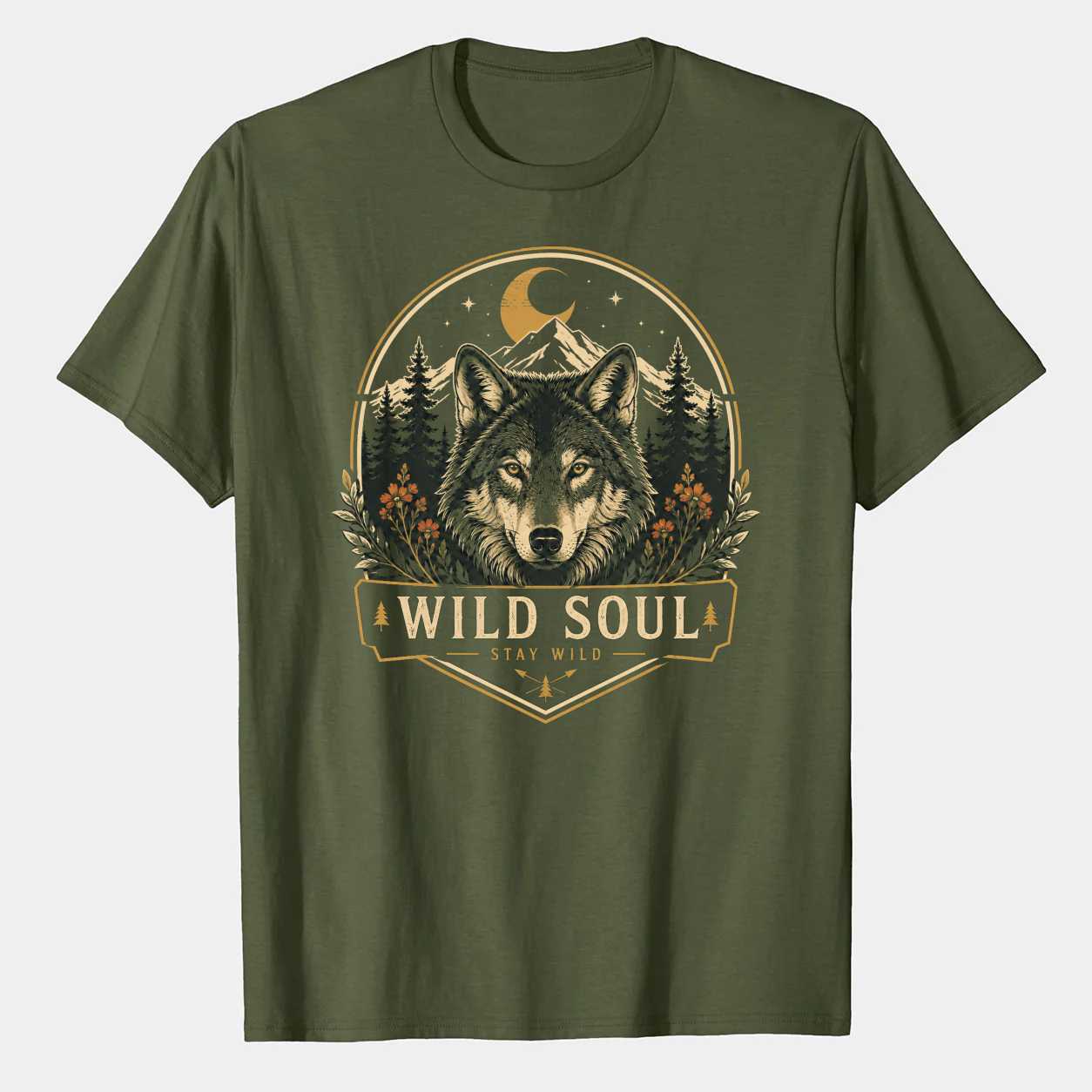 Outdoor Adventure Wolf Graphic T-Shirt for Women, Nature Explorer Wildlife Badge Tee