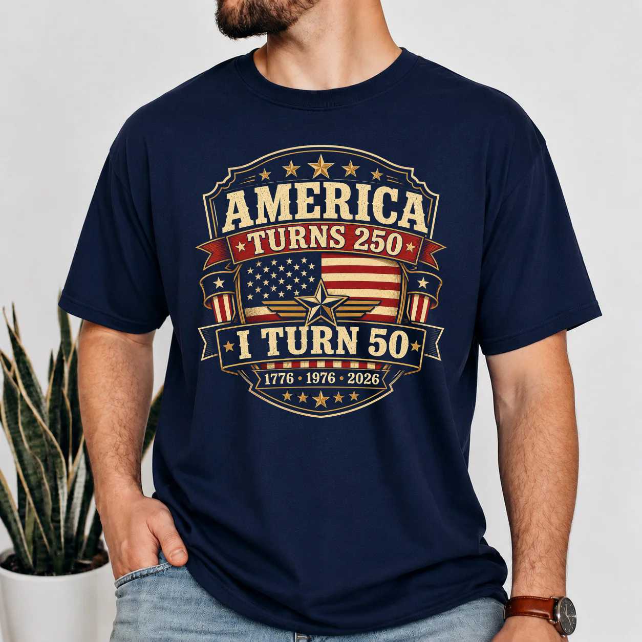 Patriotic America Turns 250 I Turn 50 Badge Emblem T-Shirt for Adults Born in 1976 USA Birthday Tee
