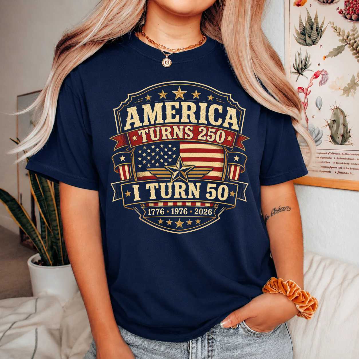 Patriotic America Turns 250 I Turn 50 Badge Emblem T-Shirt for Adults Born in 1976 USA Birthday Tee