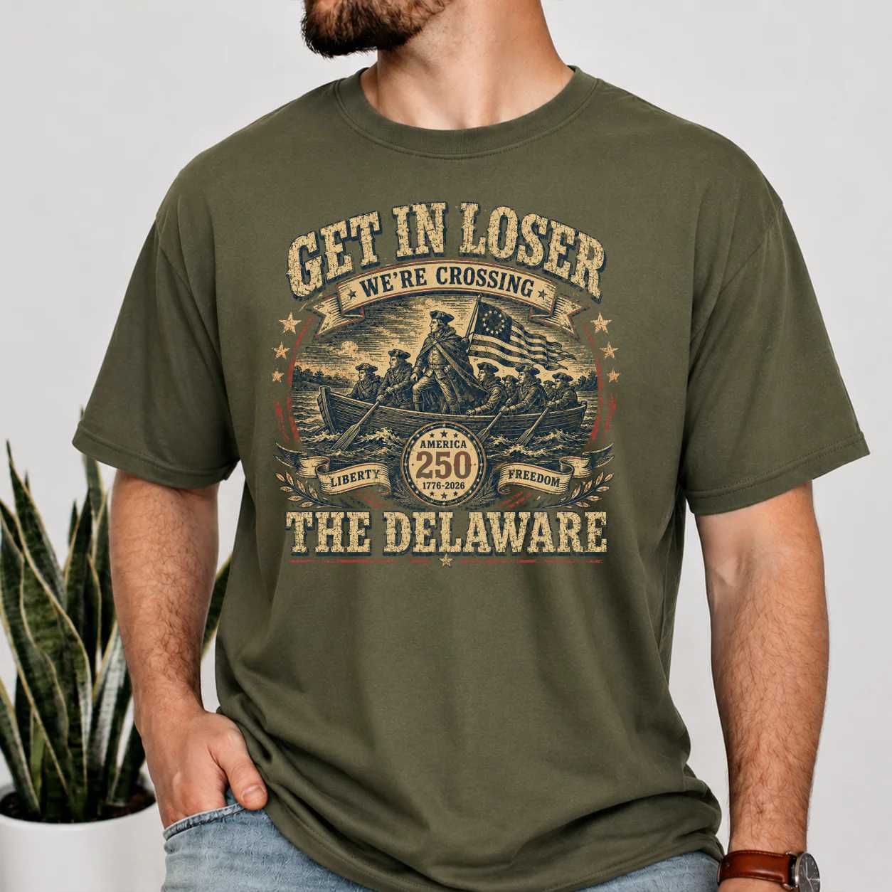 Patriotic Americana T-Shirt Get In Loser We're Crossing The Delaware America 250 Distressed Graphic Tee