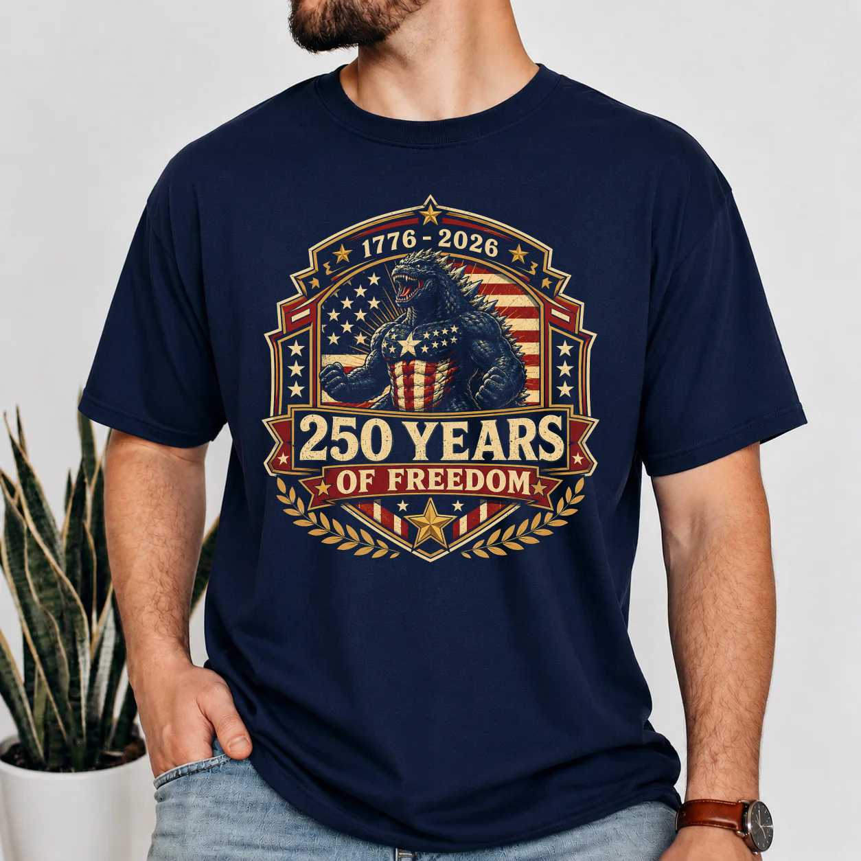 Patriotic Badge Monster T-Shirt 250 Years of Freedom 1776 2026 Americana Independence Day Tee