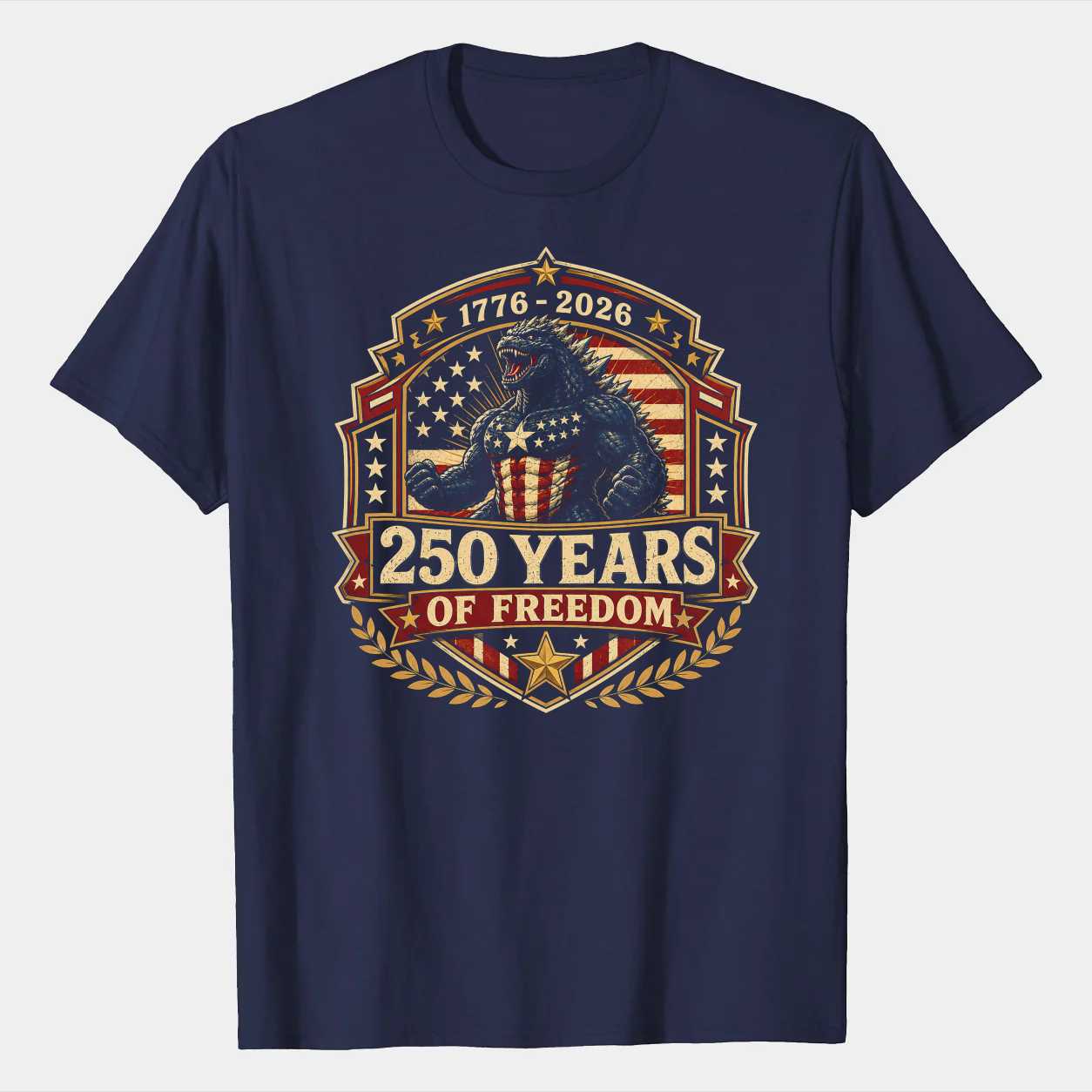 Patriotic Badge Monster T-Shirt 250 Years of Freedom 1776 2026 Americana Independence Day Tee
