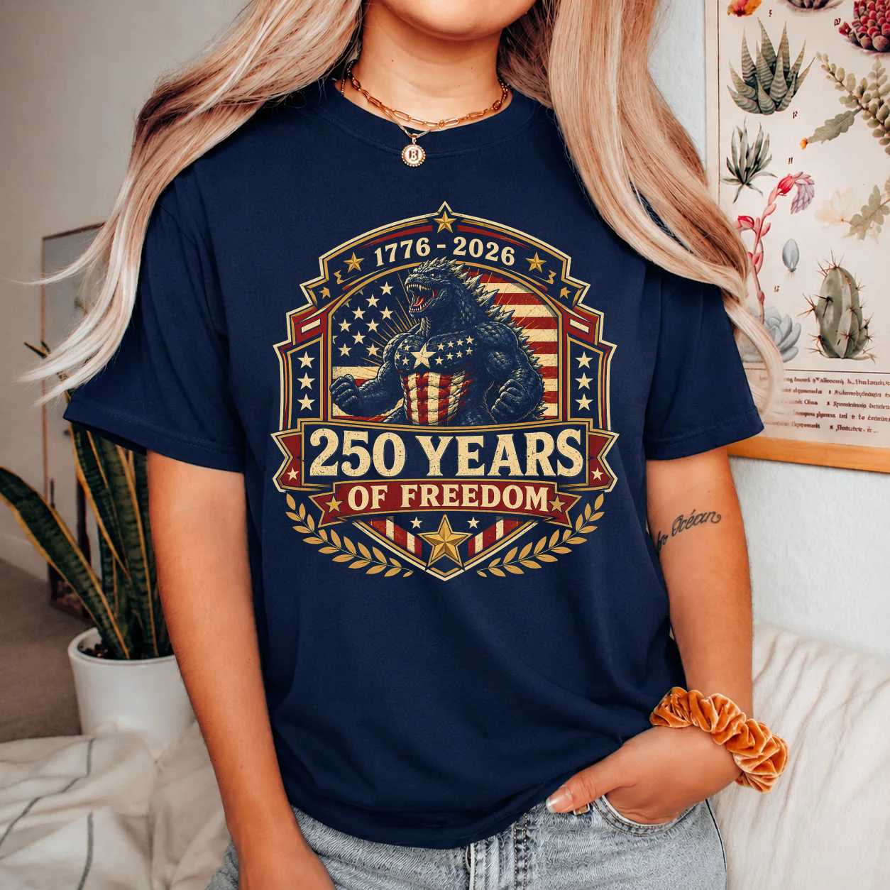 Patriotic Badge Monster T-Shirt 250 Years of Freedom 1776 2026 Americana Independence Day Tee