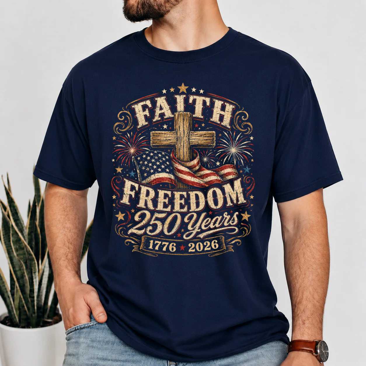 Patriotic Christian Cross Fireworks T-Shirt Faith Freedom America 250 Years 1776 2026 Celebration Graphic Tee