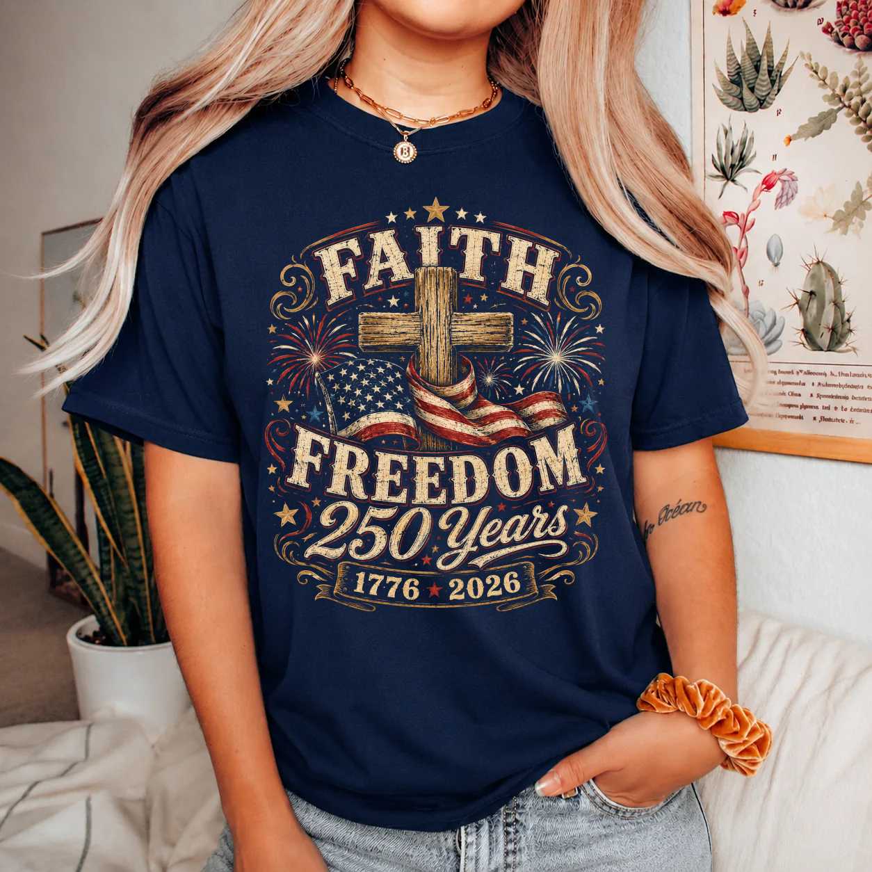 Patriotic Christian Cross Fireworks T-Shirt Faith Freedom America 250 Years 1776 2026 Celebration Graphic Tee