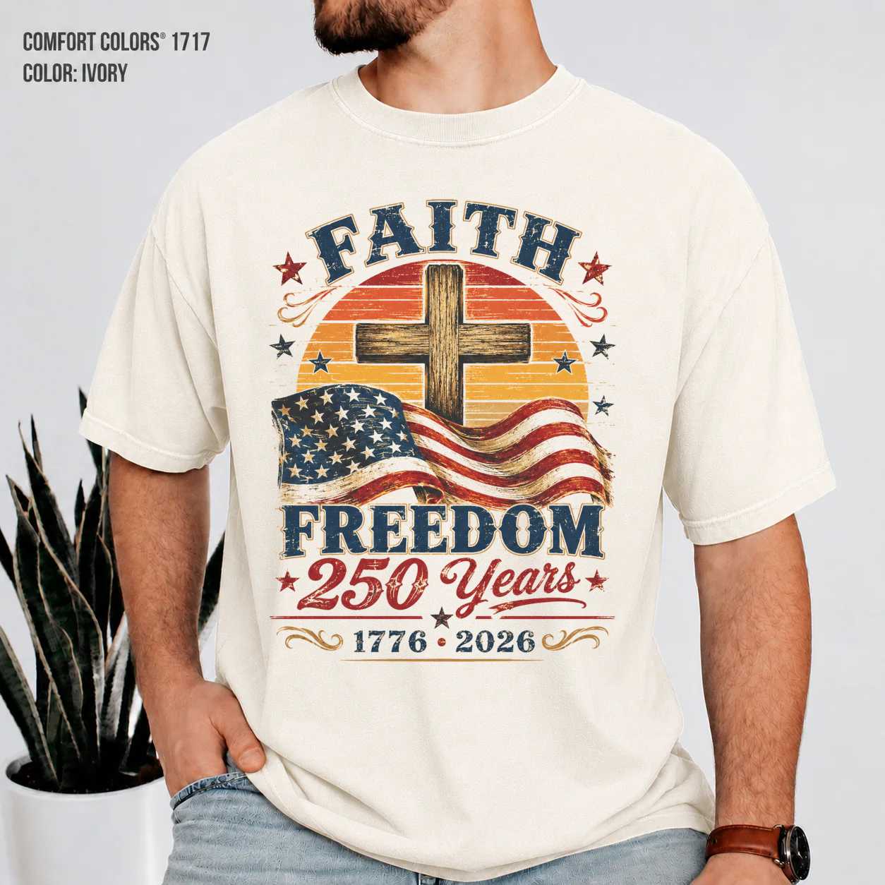 Patriotic Christian Cross T-Shirt Retro Sunset Faith Freedom America 250 Years 1776 2026 Graphic Tee
