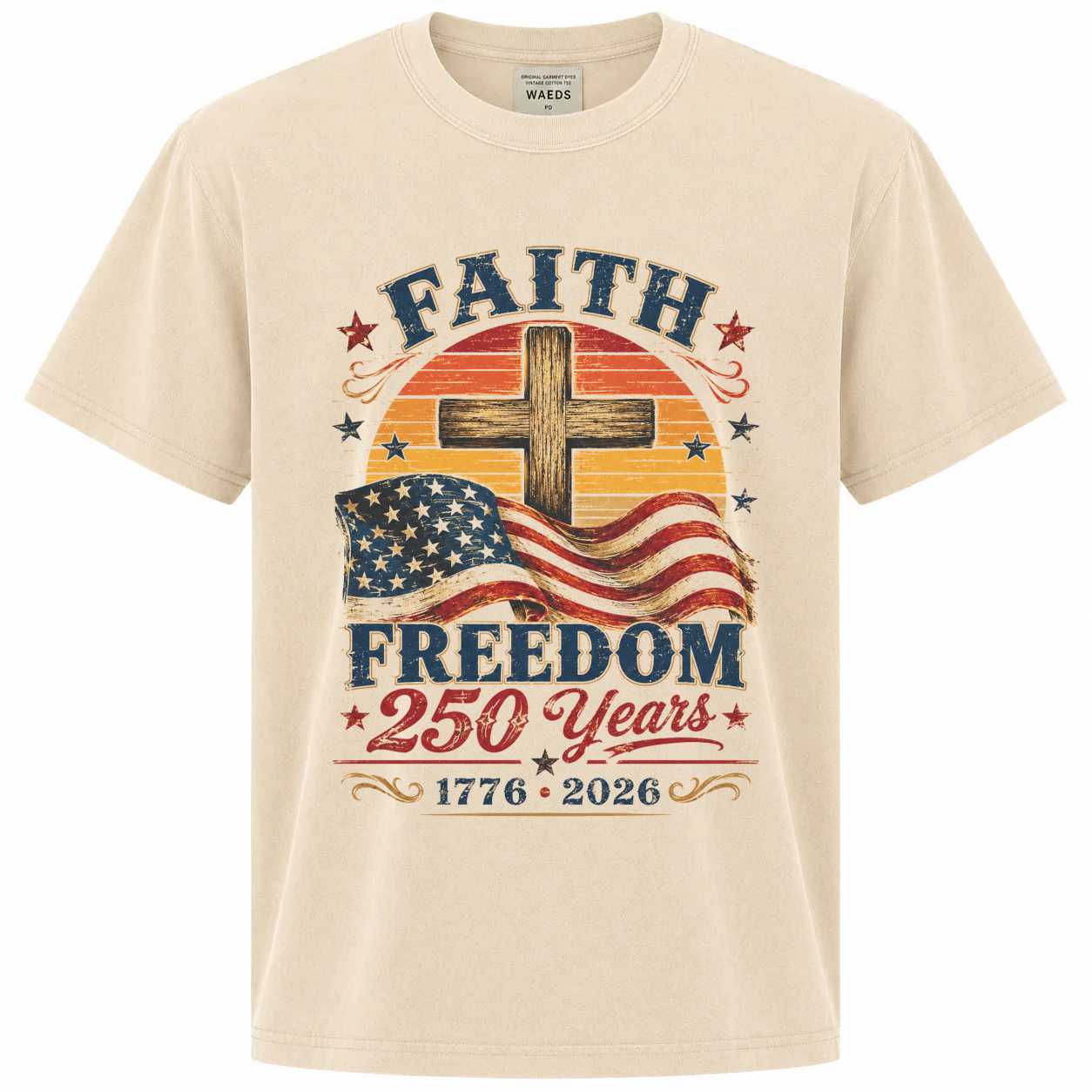Patriotic Christian Cross T-Shirt Retro Sunset Faith Freedom America 250 Years 1776 2026 Graphic Tee