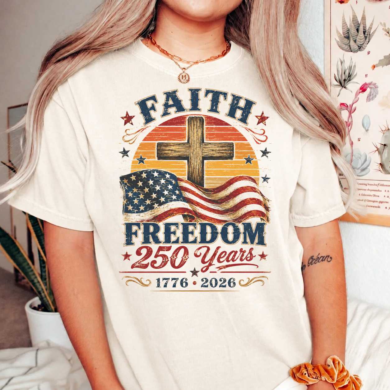 Patriotic Christian Cross T-Shirt Retro Sunset Faith Freedom America 250 Years 1776 2026 Graphic Tee