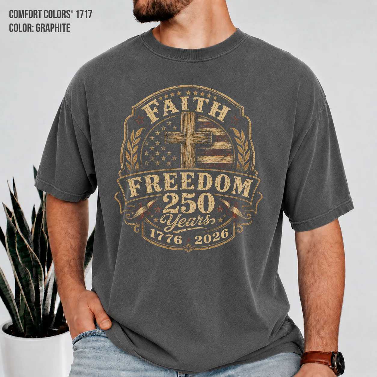 Patriotic Christian Heritage Badge T-Shirt Faith Freedom Cross America 250 Years 1776 2026 Graphic Tee