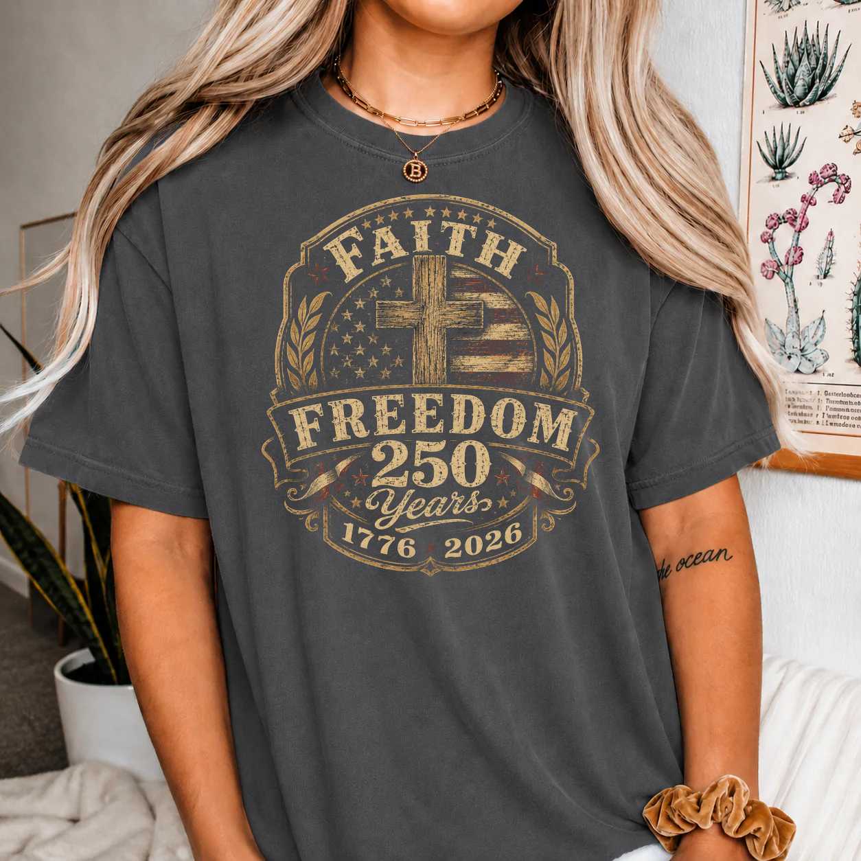 Patriotic Christian Heritage Badge T-Shirt Faith Freedom Cross America 250 Years 1776 2026 Graphic Tee