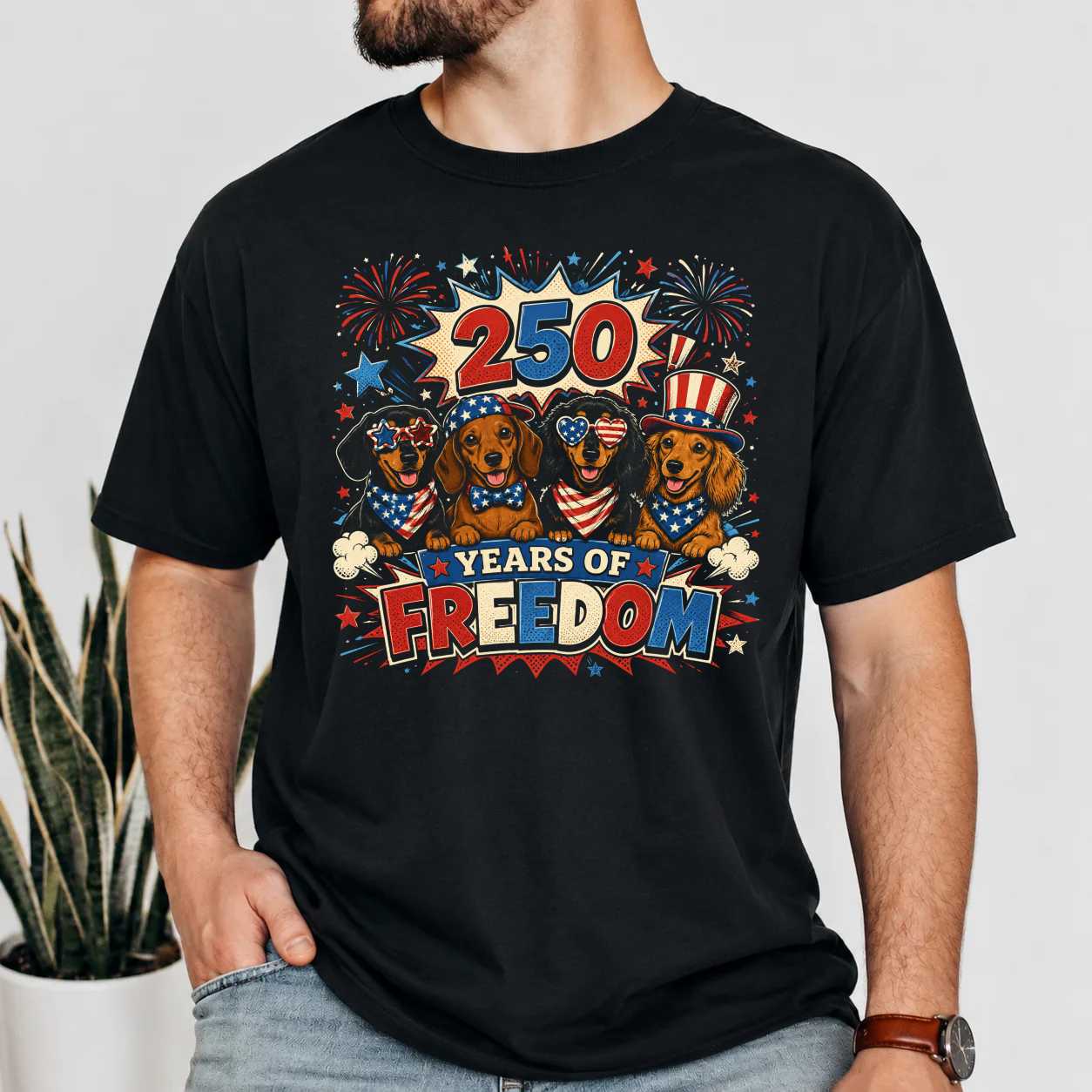 Patriotic Dachshund Squad Shirt Comic Pop Art Fireworks T-Shirt America 250 Dog Lover Graphic Tee
