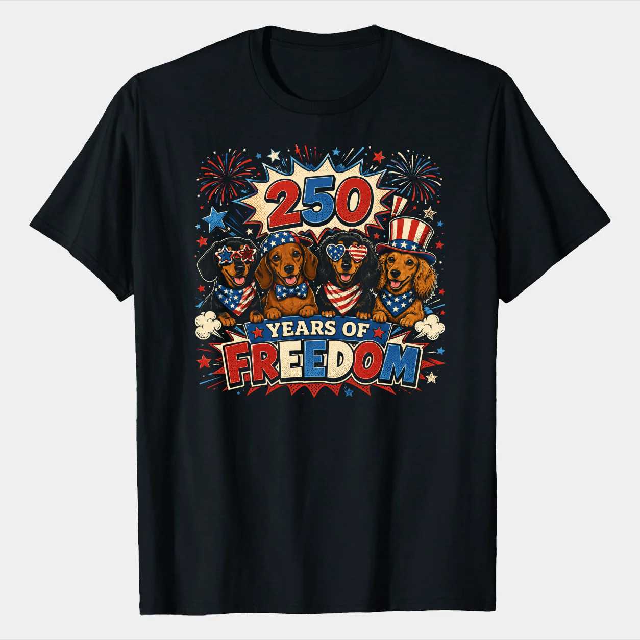 Patriotic Dachshund Squad Shirt Comic Pop Art Fireworks T-Shirt America 250 Dog Lover Graphic Tee