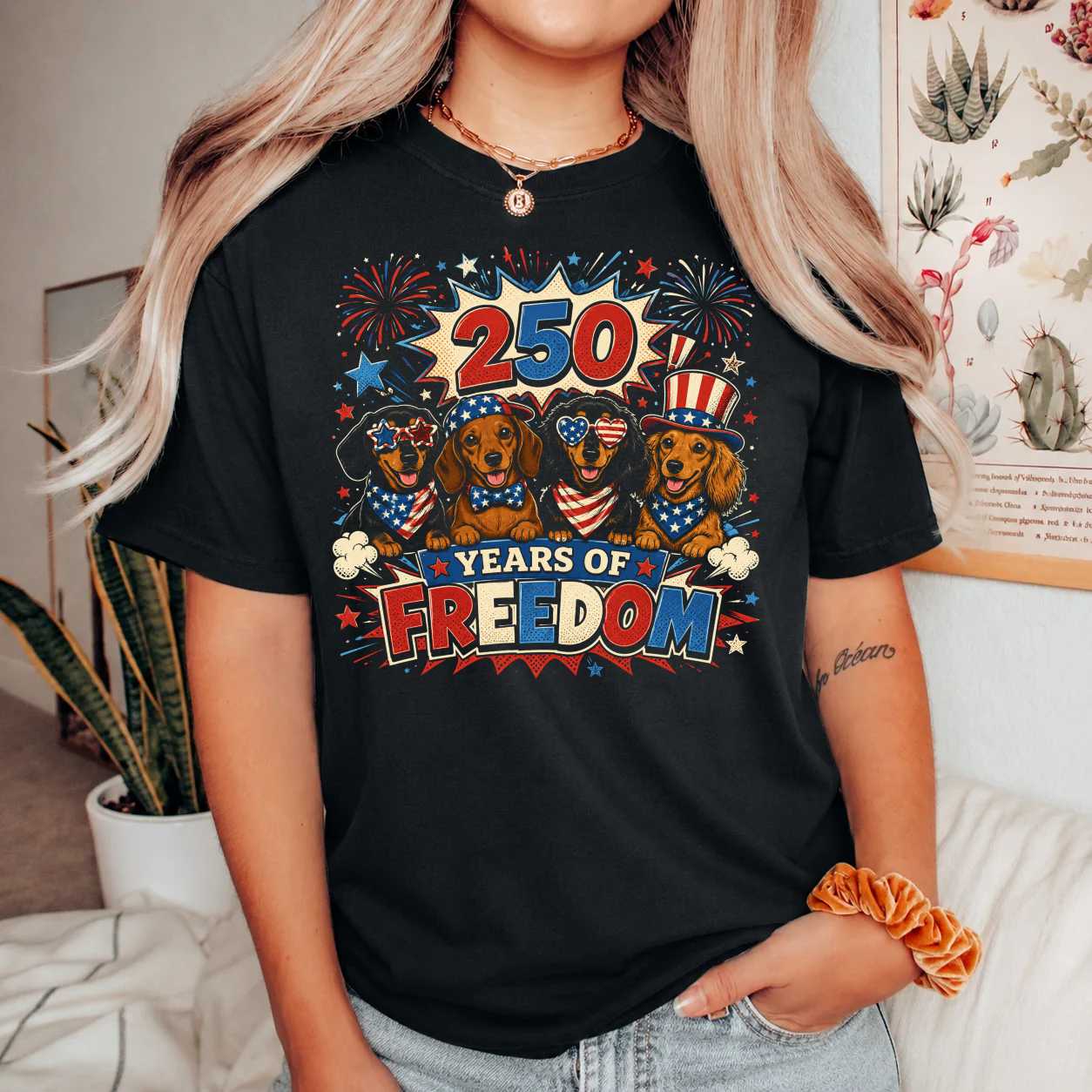 Patriotic Dachshund Squad Shirt Comic Pop Art Fireworks T-Shirt America 250 Dog Lover Graphic Tee