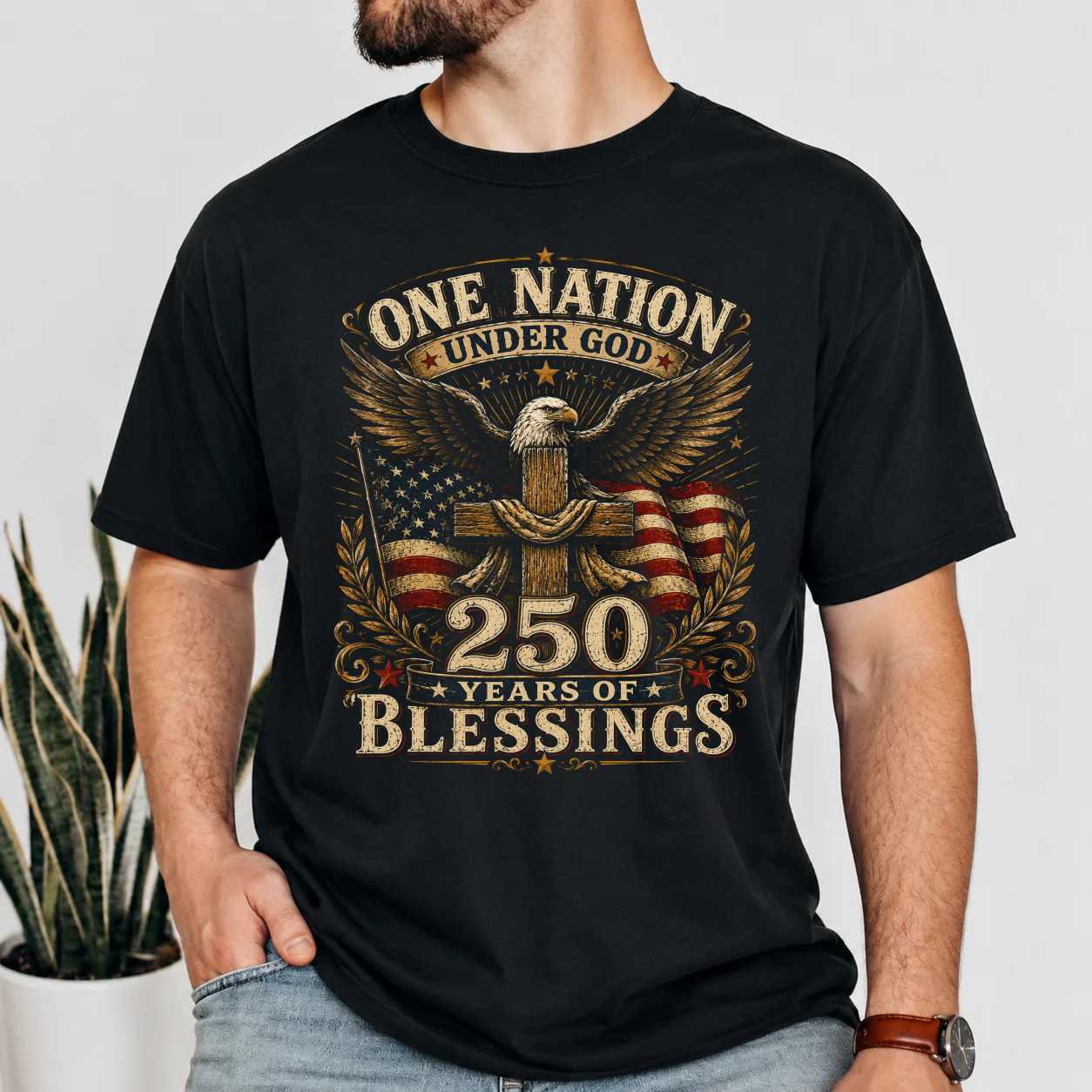 Patriotic Eagle Shirt One Nation Under God 250 Years of Blessings Christian Graphic T-Shirt