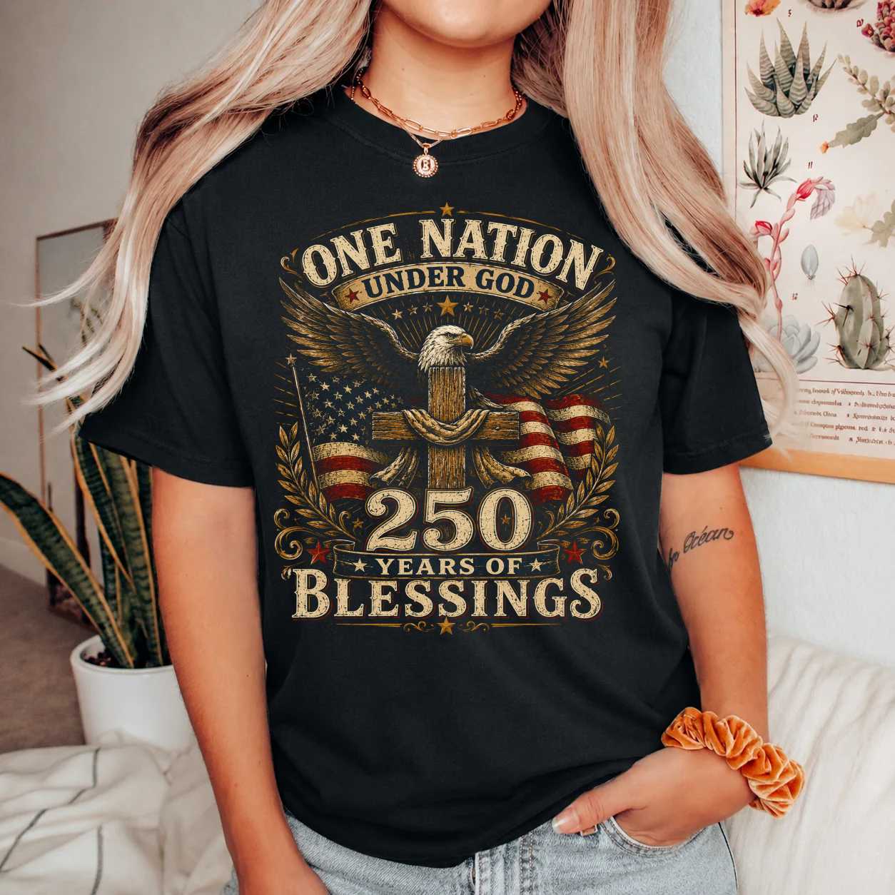 Patriotic Eagle Shirt One Nation Under God 250 Years of Blessings Christian Graphic T-Shirt