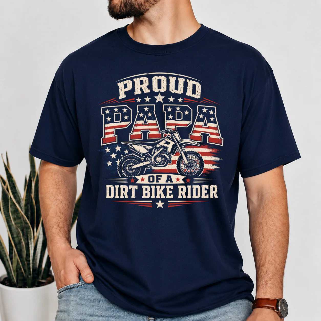 Patriotic Motocross Papa Shirt Dirt Bike Racing Family Gift Graphic Tee