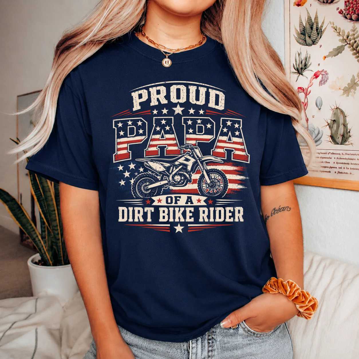 Patriotic Motocross Papa Shirt Dirt Bike Racing Family Gift Graphic Tee