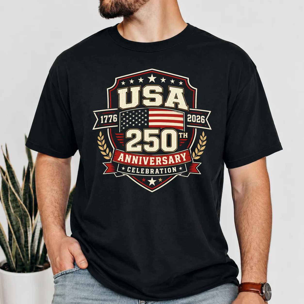 Patriotic USA 250th Anniversary T-Shirt Bold American Flag Badge Emblem Independence Day Graphic Tee