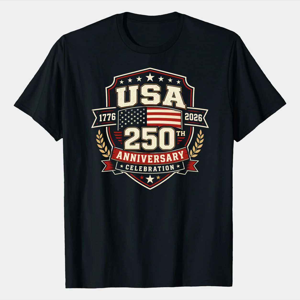 Patriotic USA 250th Anniversary T-Shirt Bold American Flag Badge Emblem Independence Day Graphic Tee