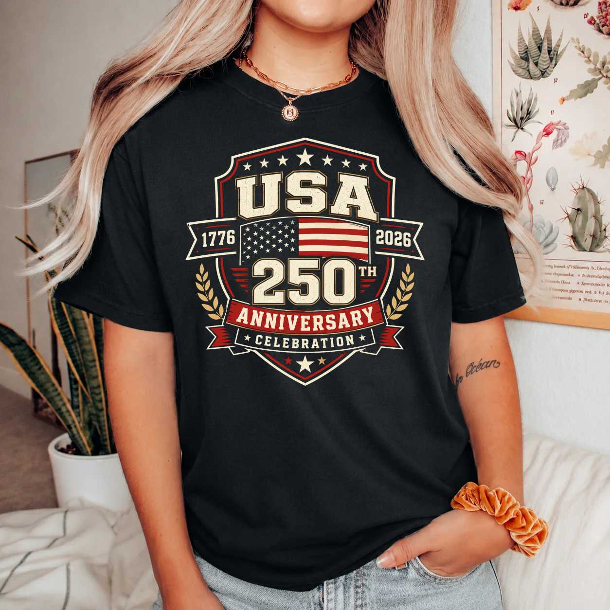 Patriotic USA 250th Anniversary T-Shirt Bold American Flag Badge Emblem Independence Day Graphic Tee
